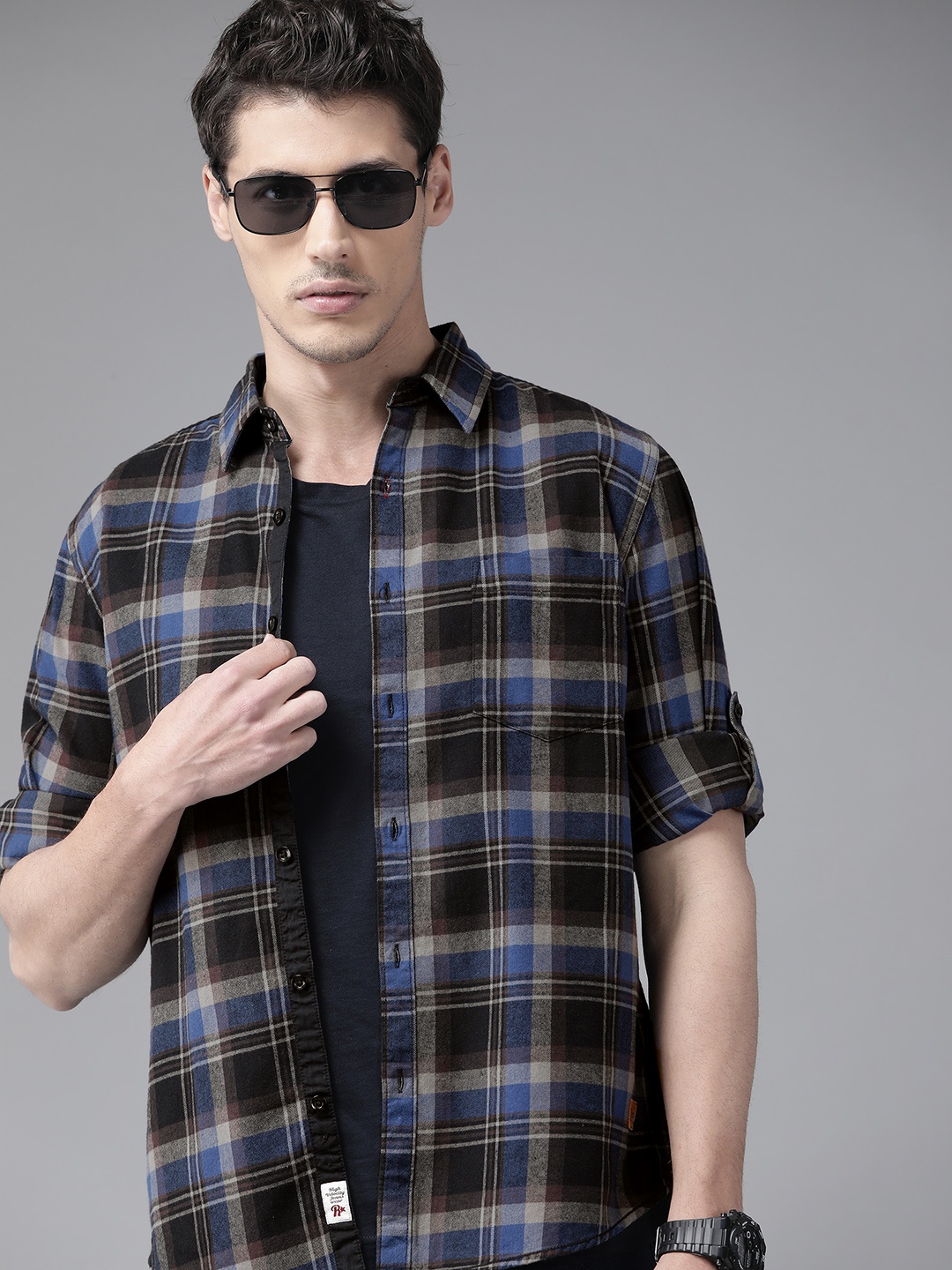

Roadster Men Black & Blue Tartan Checks Checked Pure Cotton Casual Shirt