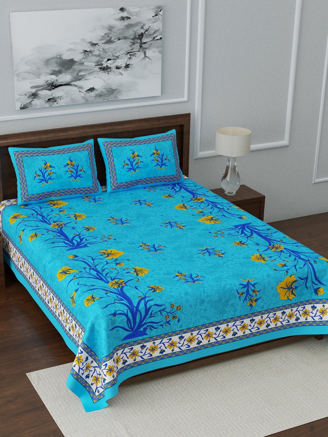 

LIVING ROOTS Blue & Yellow Floral 144 TC Queen Bedsheet with 2 Pillow Covers