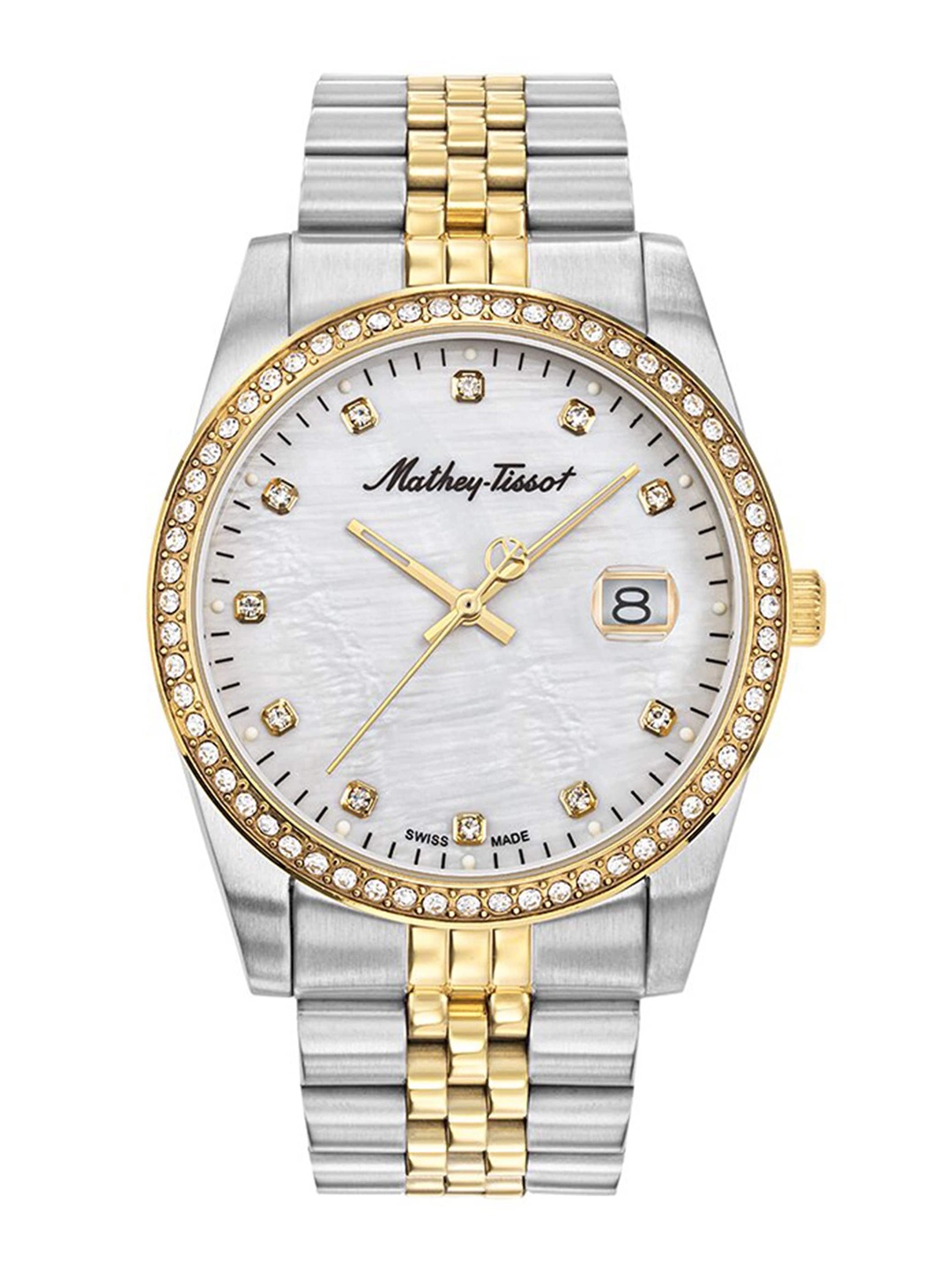 

Mathey-Tissot Men White Embellished Dial & Multicoloured Stainless Steel Bracelet Style Straps Analogue Watch