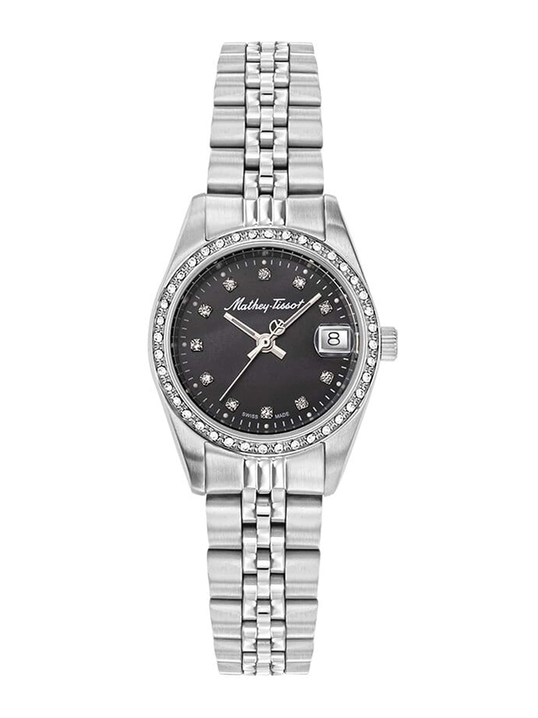 

Mathey-Tissot Women Black Embellished Dial & Silver Toned Stainless Steel Bracelet Style Straps Analogue Watch