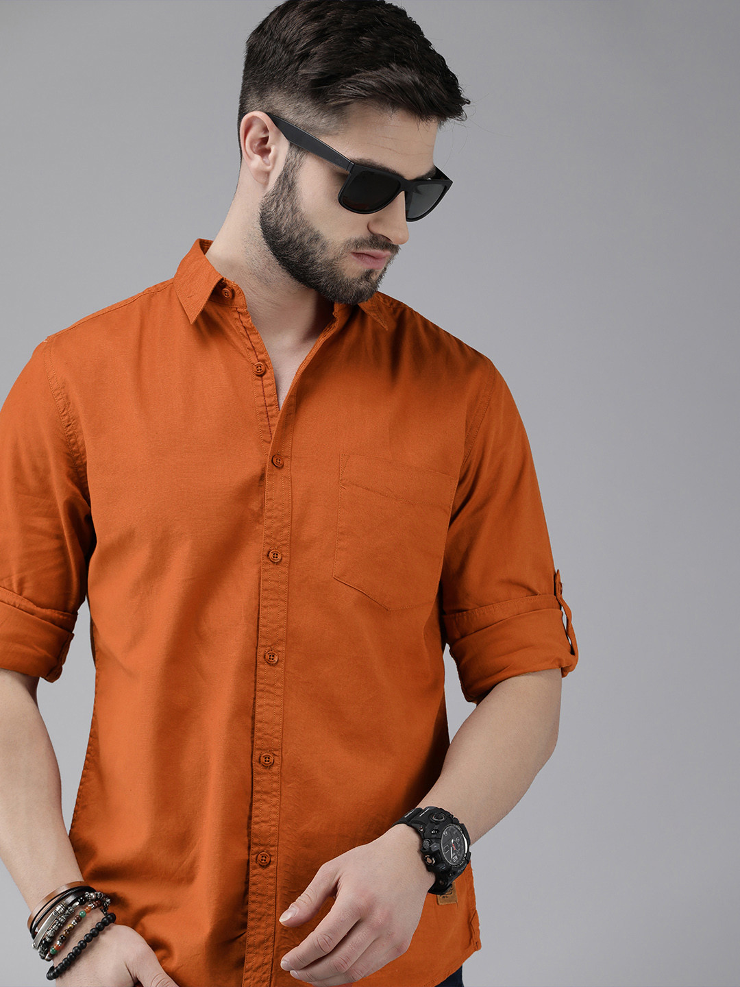 

Roadster Men Orange Solid Casual Cotton Shirt