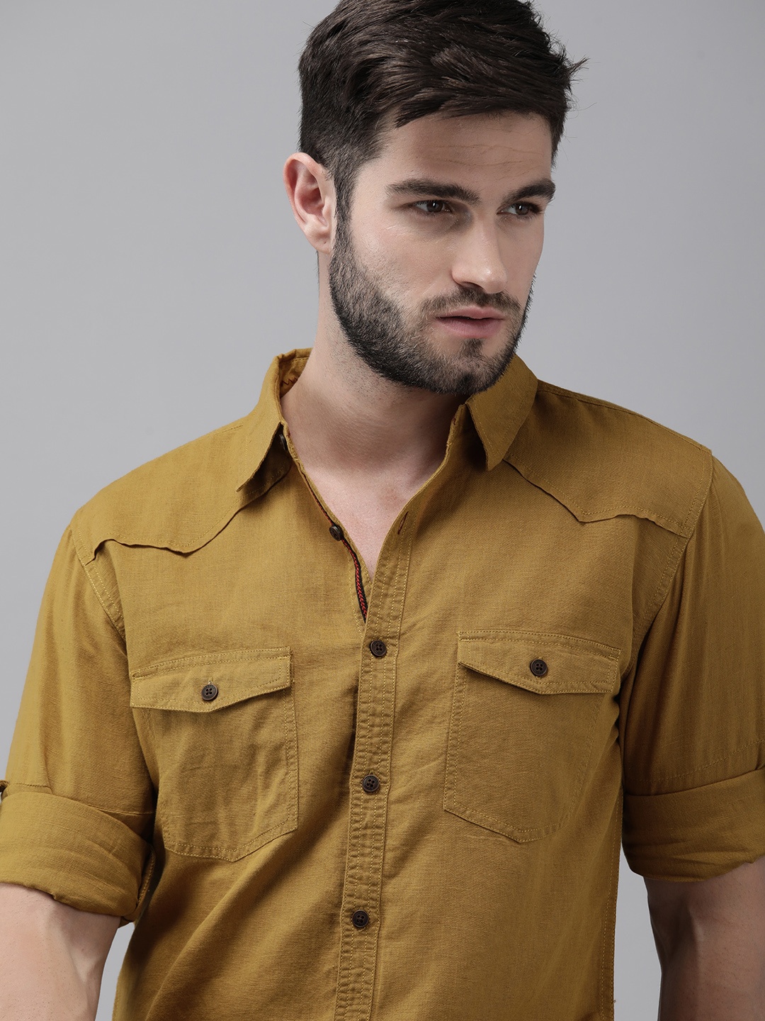 

Roadster Men Mustard Yellow Solid Cotton Linen Casual Shirt With Roll-Up Sleeves