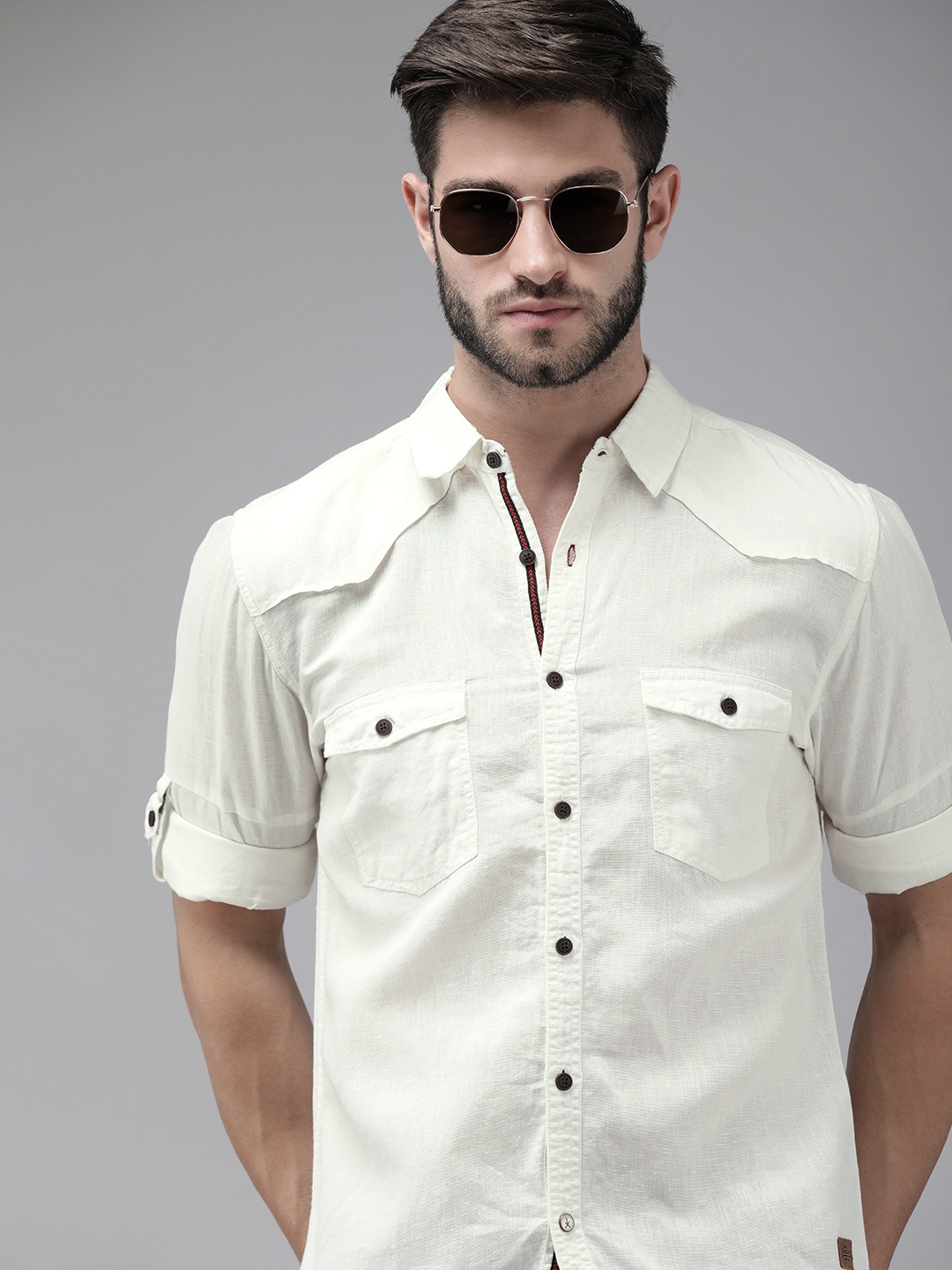 

Roadster Men White Solid Cotton Linen Casual Shirt With Roll-Up Sleeves