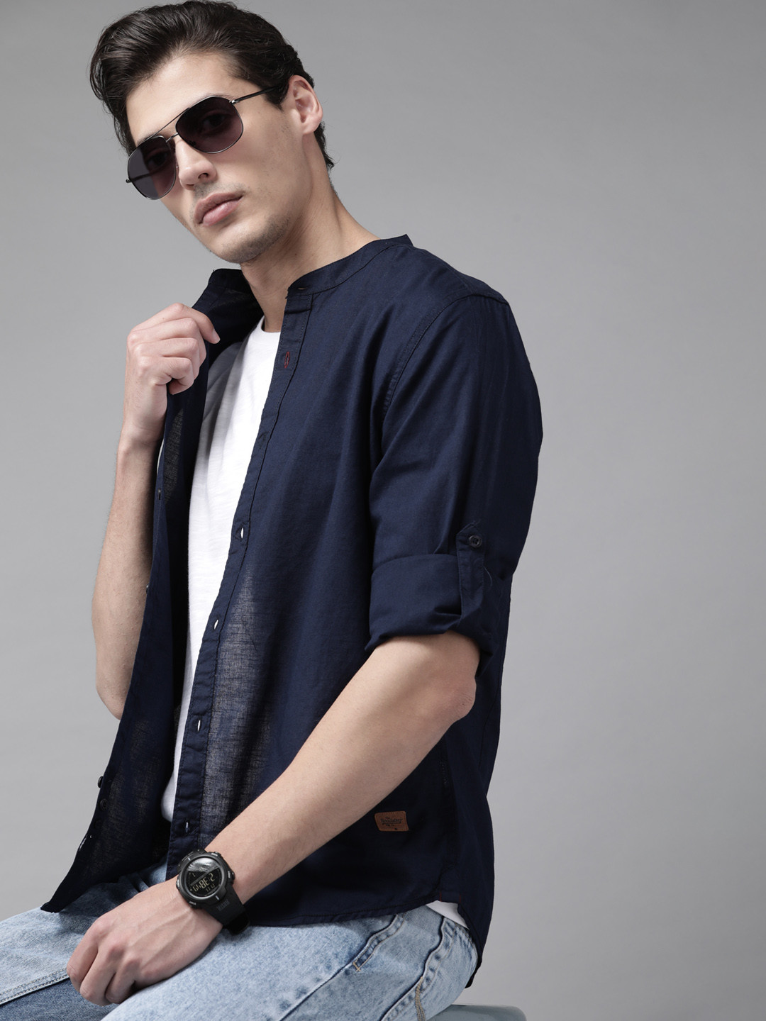 

Roadster Men Navy Blue Solid Cotton Sustainable Shirt