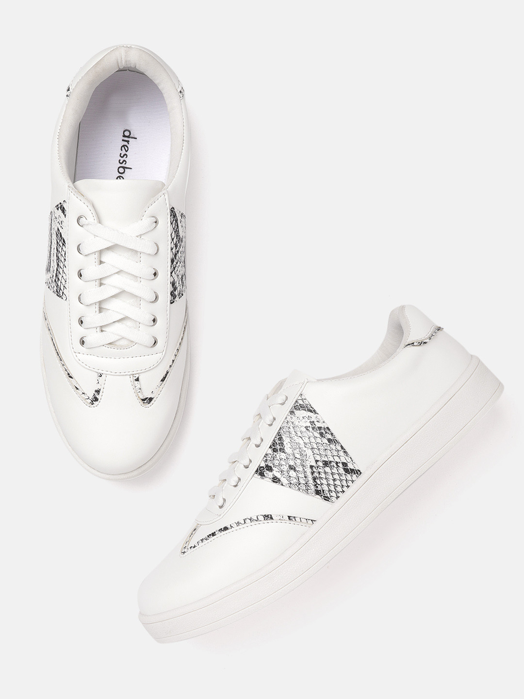 

DressBerry Women White & Black Snakeskin Print Detail Sneakers