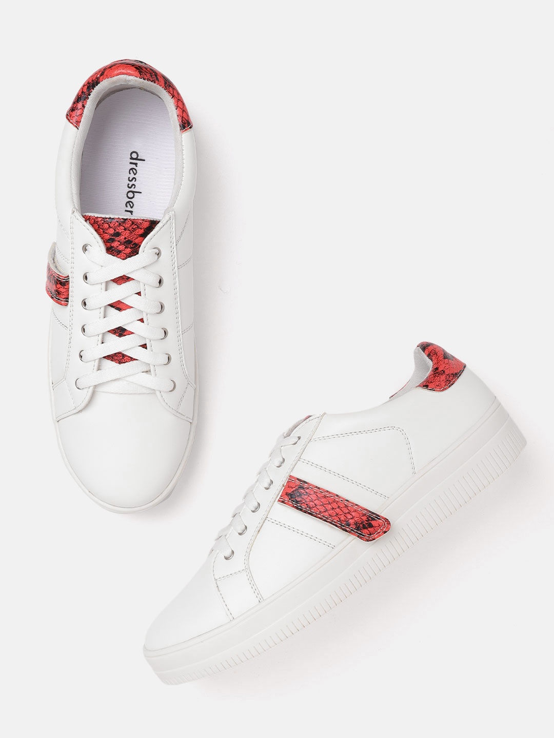

DressBerry Women White & Red Snakeskin Print Detail Sneakers
