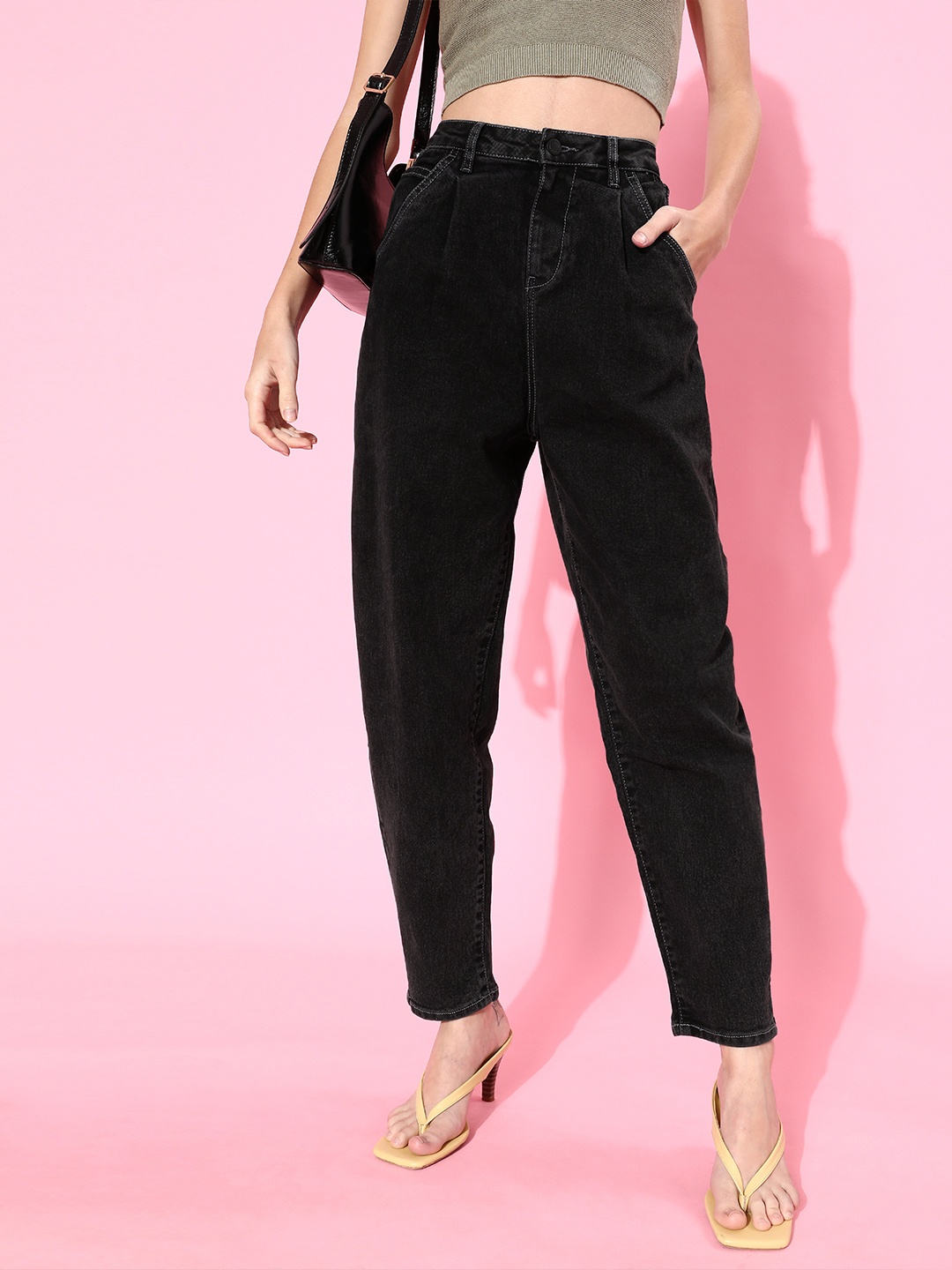 

Mast & Harbour Women Charcoal Mid-Rise Wide Leg Cropped Slouchy Jeans