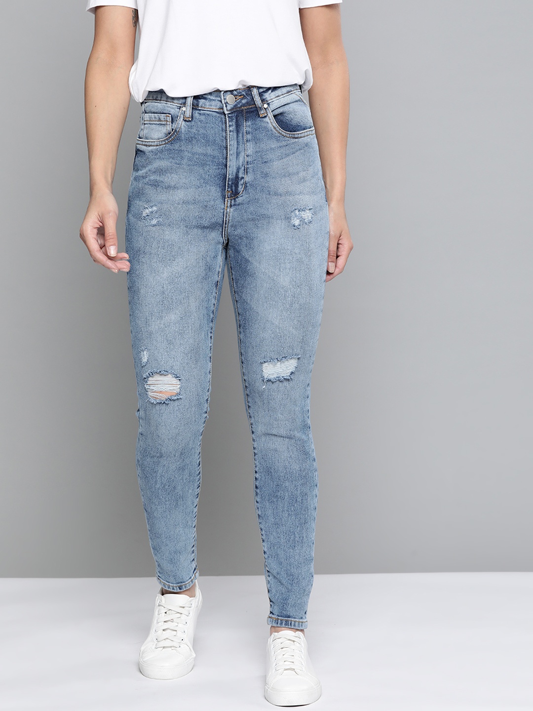 

Mast & Harbour Women Blue Low Distress Light Fade Stretchable Jeans