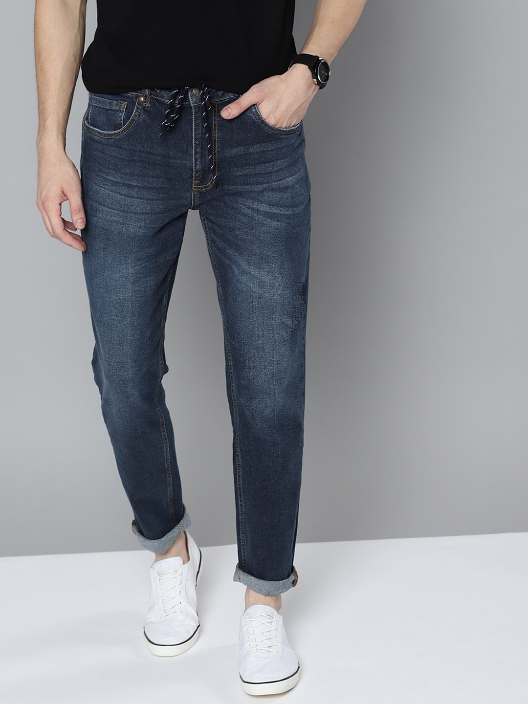 

Mast & Harbour Men Navy Blue Slim Tapered Fit Light Fade Stretchable Jeans