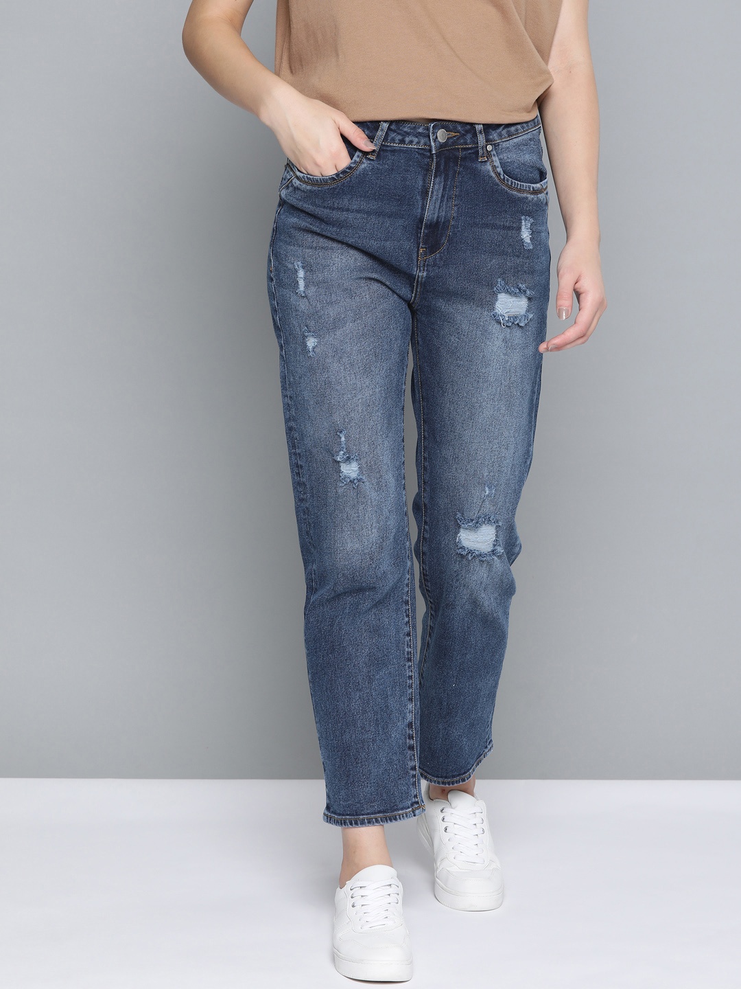 

Mast & Harbour Women Navy Blue Straight Fit High-Rise Mildly Distressed Light Fade Stretchable Jeans