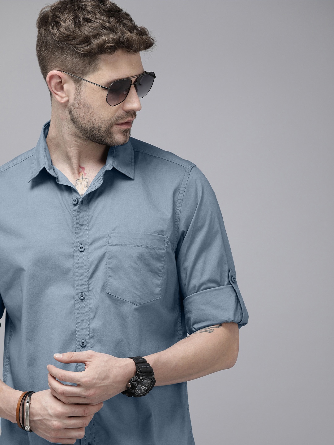 

Roadster Men Blue Solid Opaque Pure Cotton Sustainable Casual Shirt