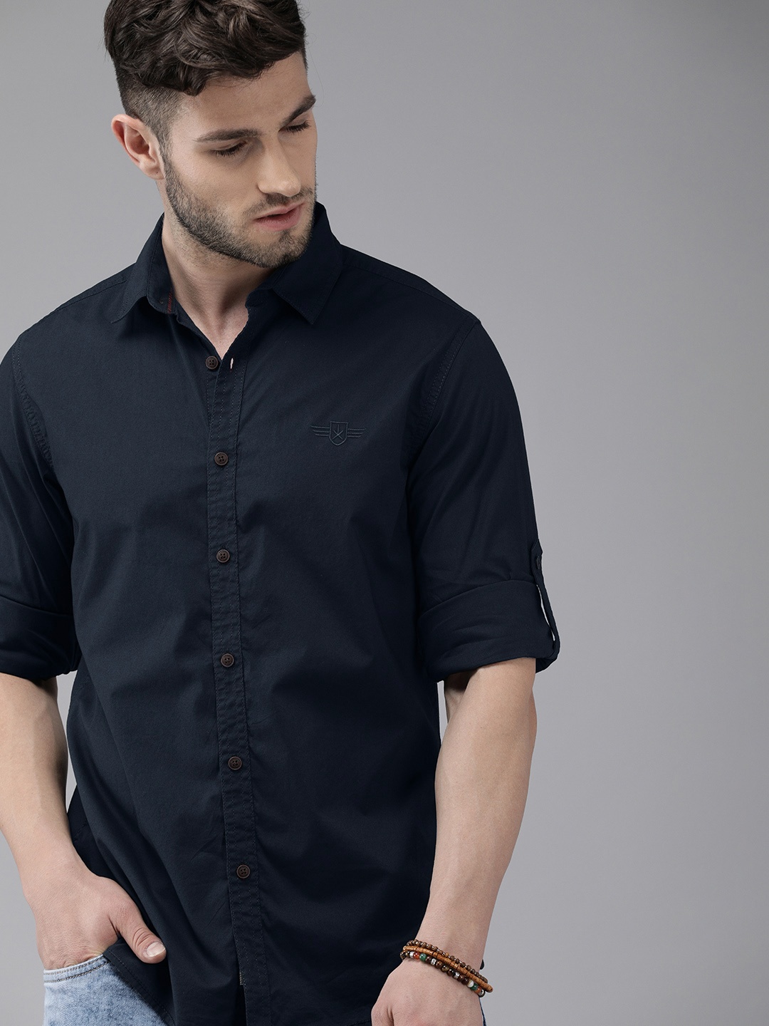 

Roadster Men Navy Blue Solid Slim Fit Casual Shirt