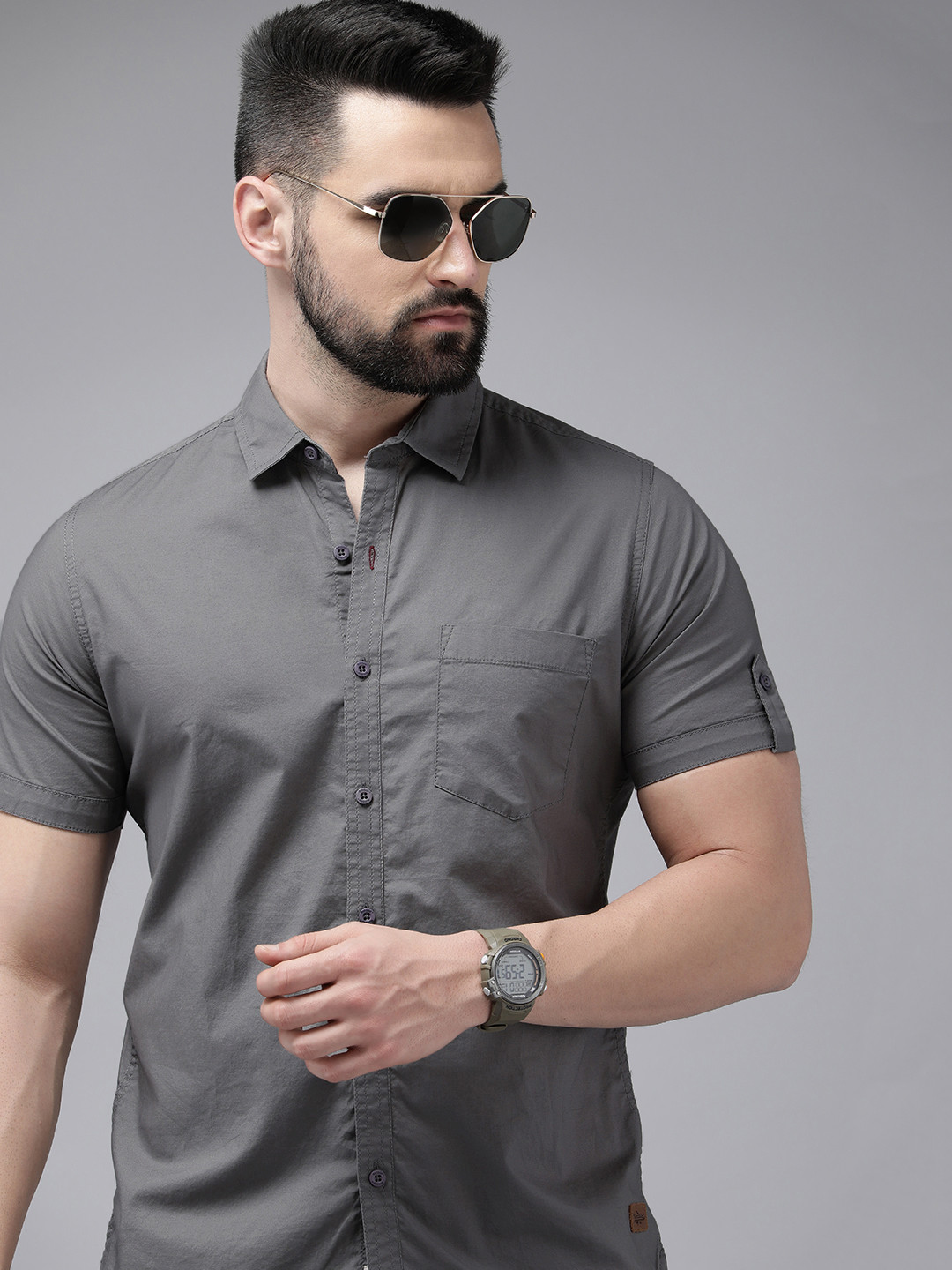 

The Roadster Life Co. Spread Collar Slim Fit Casual Shirt, Grey