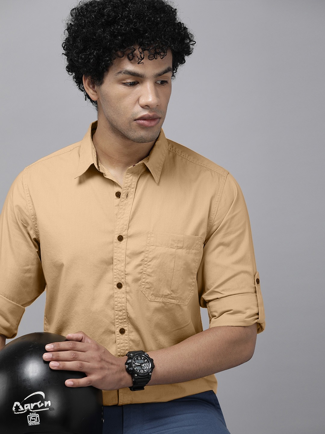 

Roadster Men Camel Brown Roll-Up Sleeves Casual Shirt