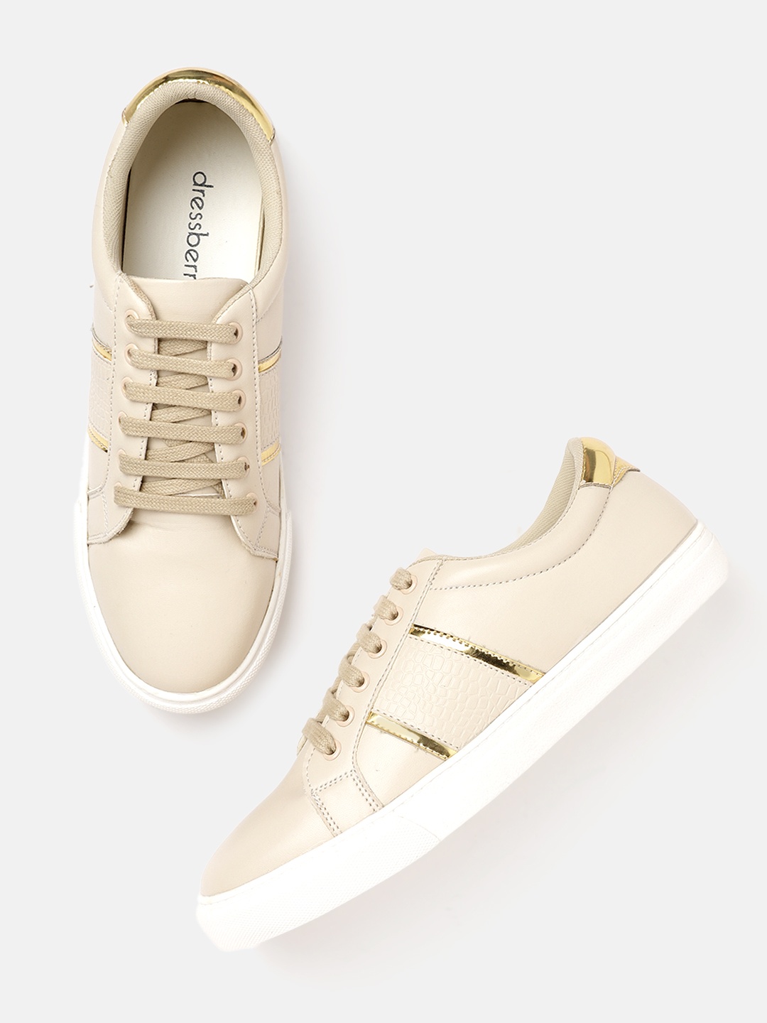 

DressBerry Women Beige & Gold-Toned Croc Textured Sneakers