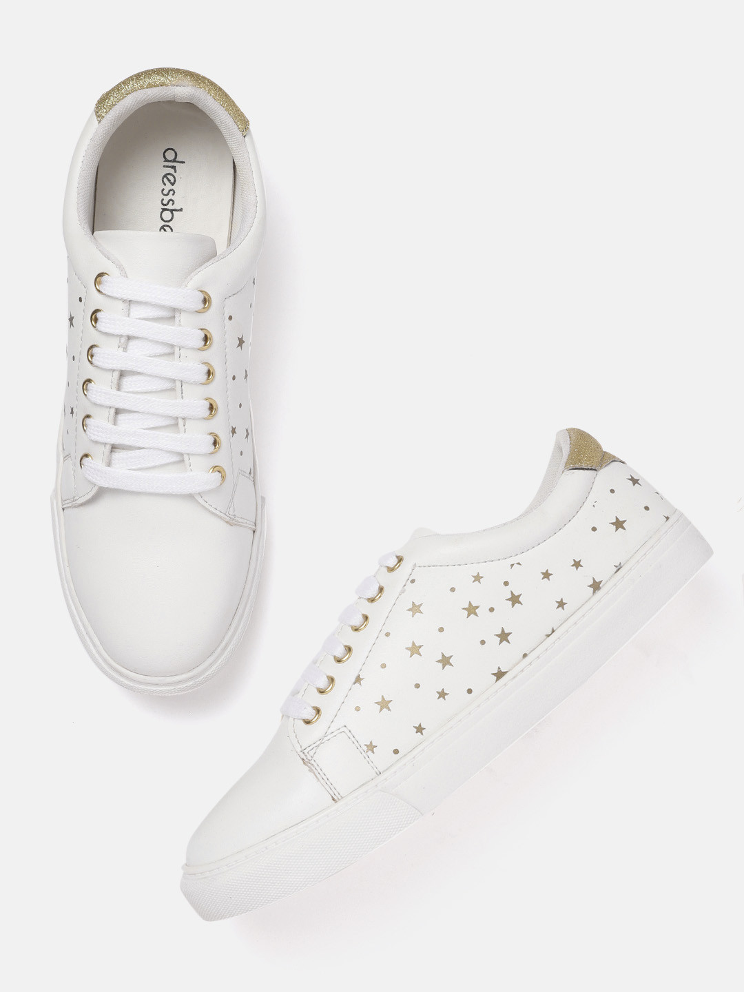 

DressBerry Women White & Gold-Toned Star Printed Leather Sneakers