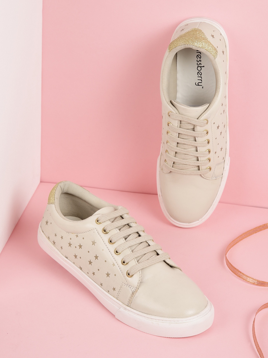 

DressBerry Women Beige & Gol-Toned Star Printed Leather Sneakers