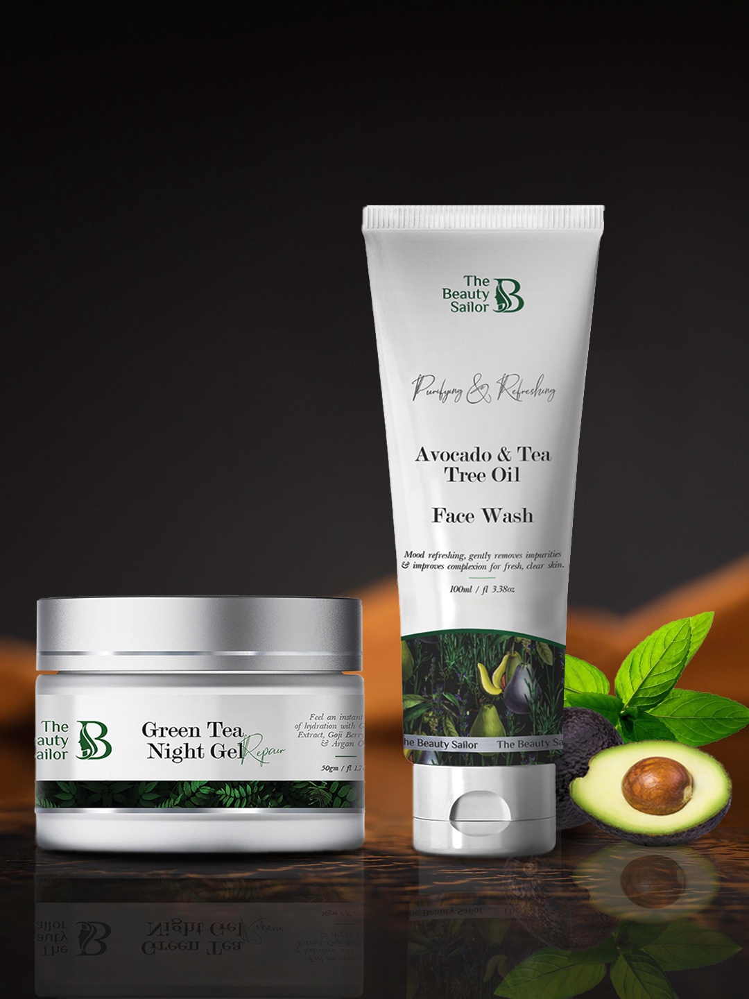 

The Beauty Sailor Green Tea Night Gel Cream & Avocado and Tea Tree Oil Face Wash 150 Ml, White