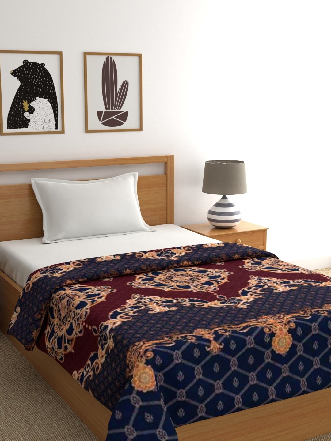 

Raymond Home Navy Blue & Maroon Ethnic Motifs AC Room 300 GSM Single Bed Blanket