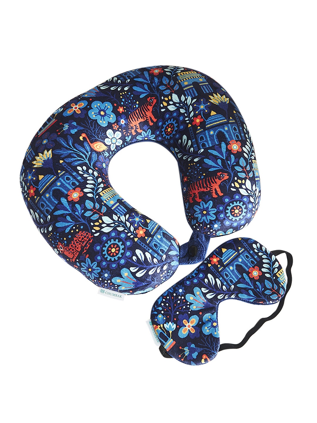 

Chumbak Blue & Yellow Midnight Jungle Printed Travel Pillow With Eye Mask