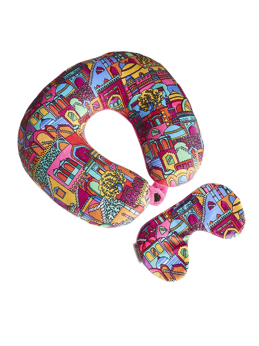 Chumbak Pink & Red Monument Printed Travel Pillow With Eye Mask