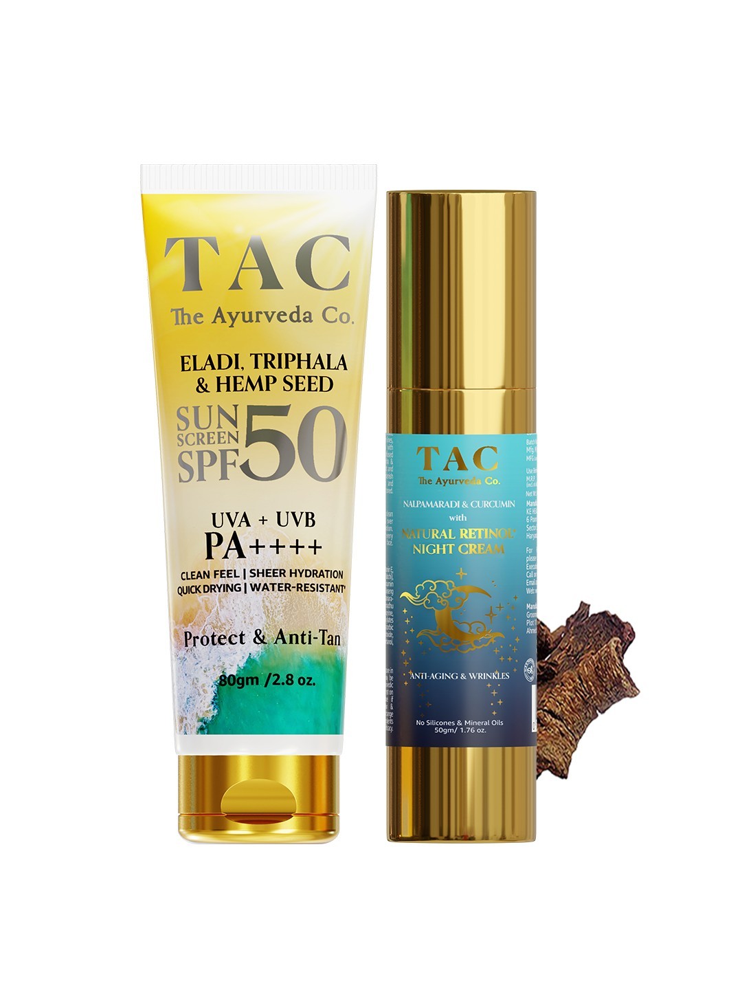 

TAC - The Ayurveda Co. Anti Aging Night Cream & Eladi Triphala Hemp Seed Sunscreen SPF 50, White