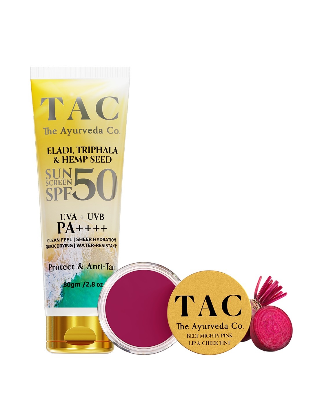 

TAC - The Ayurveda Co. Hemp Seed Sunscreen SPF 50 & Beet Mighty Pink Tinted Lip Balm, Maroon