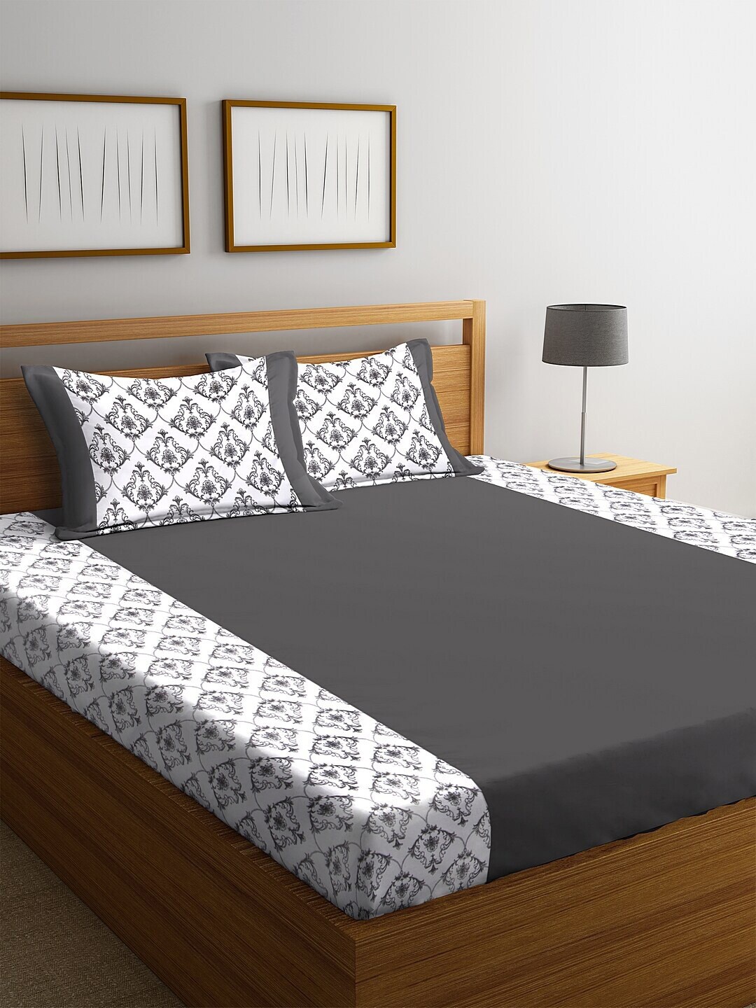 

DECOREALM Grey & White 300 TC Queen Bedsheet with 2 Pillow Covers