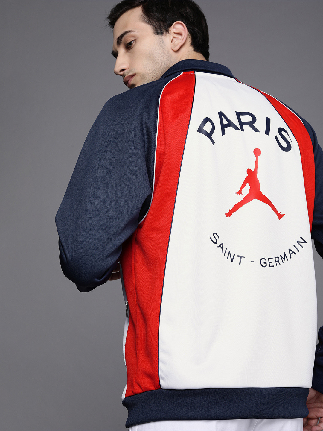 

Nike Men White Red Typography Active Sporty Jacket