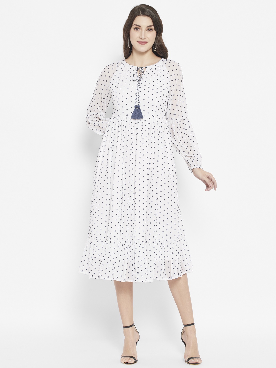 

HOUSE OF KKARMA White & Navy Blue Tie-Up Neck A-Line Midi Dress
