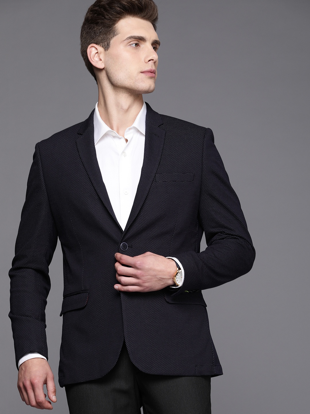 

Peter England Elite Men Navy Blue Neo Slim Fit Self Design Single-Breasted Formal Blazer