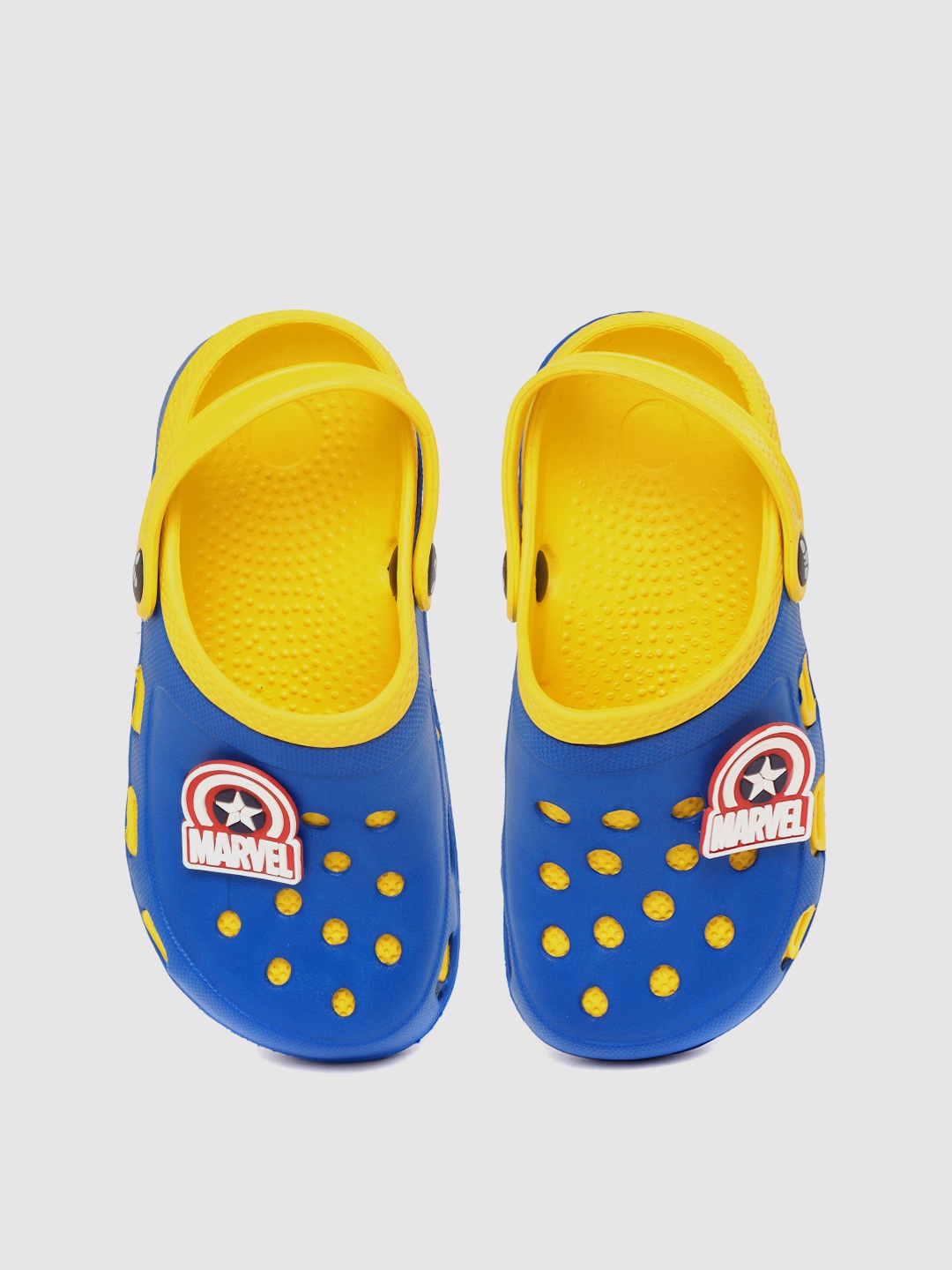 

toothless Boys Blue & Yellow Cut-Out Clogs with Marvel Captain America Shoe Charm Detail