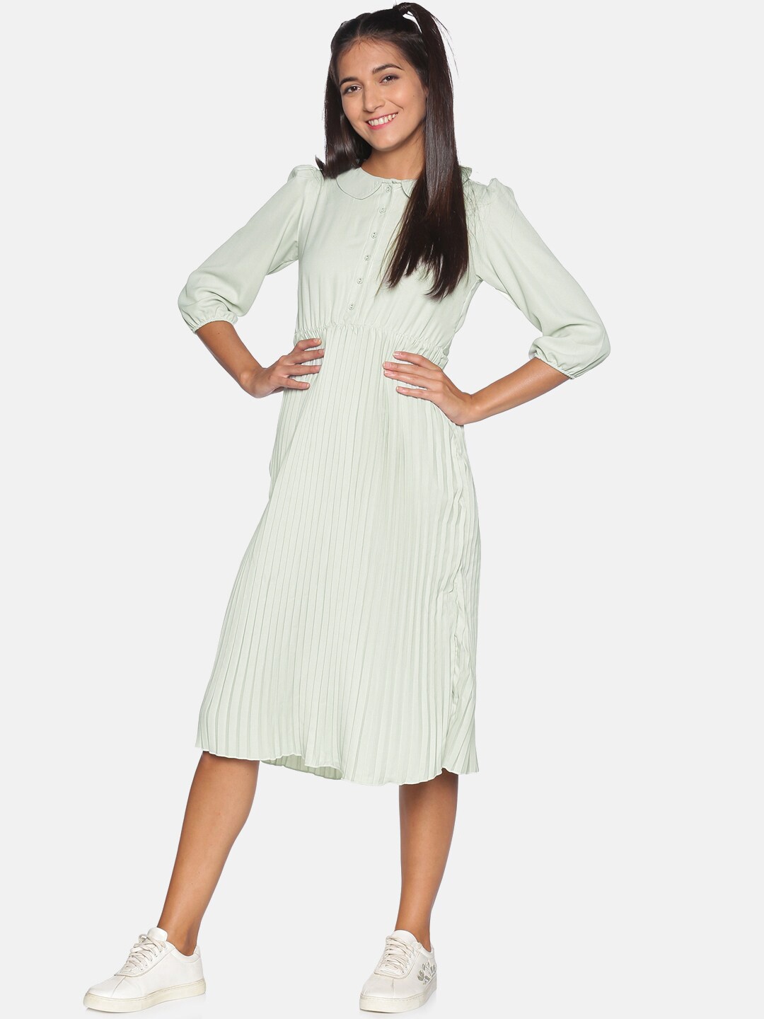 

Campus Sutra Off White Peter Pan Collar Crepe Midi Dress