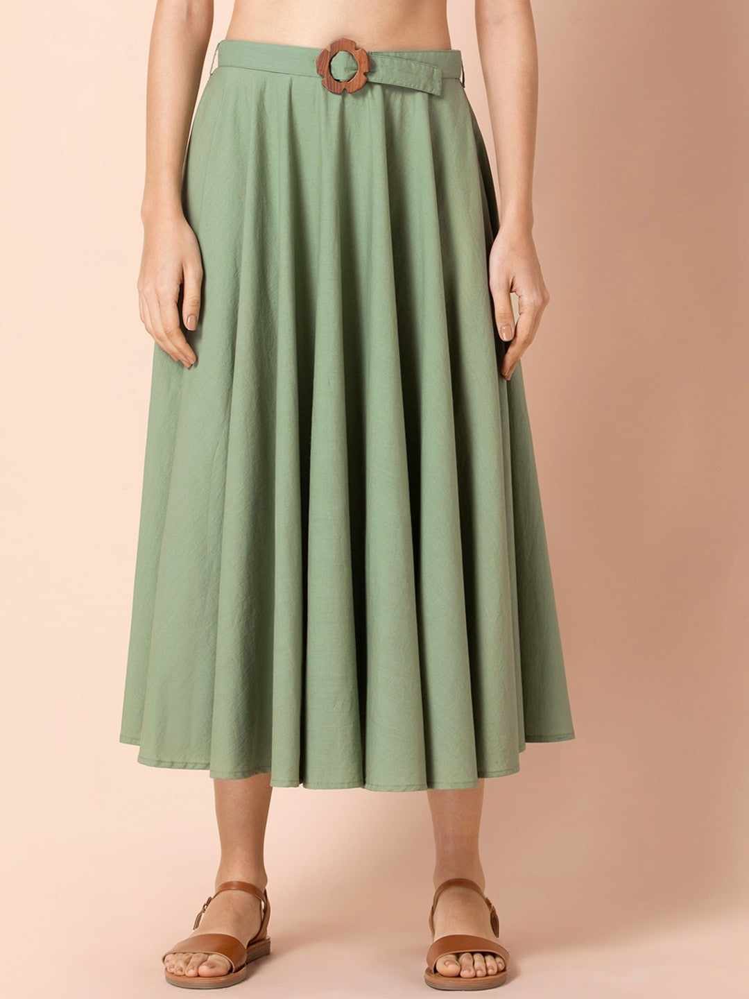 

Earthen BY INDYA Sage Belted Midi Skirt, Green