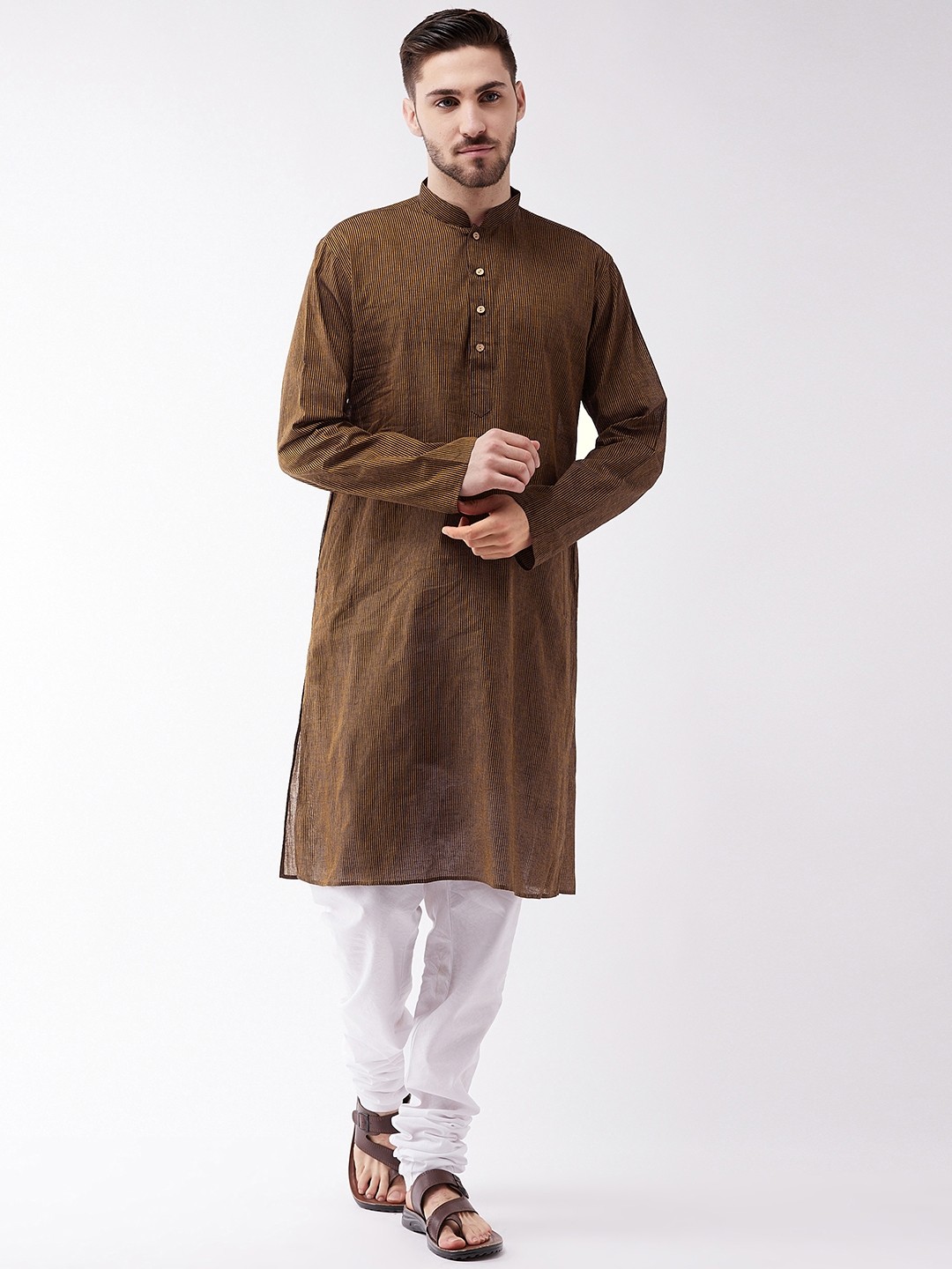 

VASTRAMAY Men Coffee Brown and White Striped Pure Cotton Handloom Kurta with Churidar