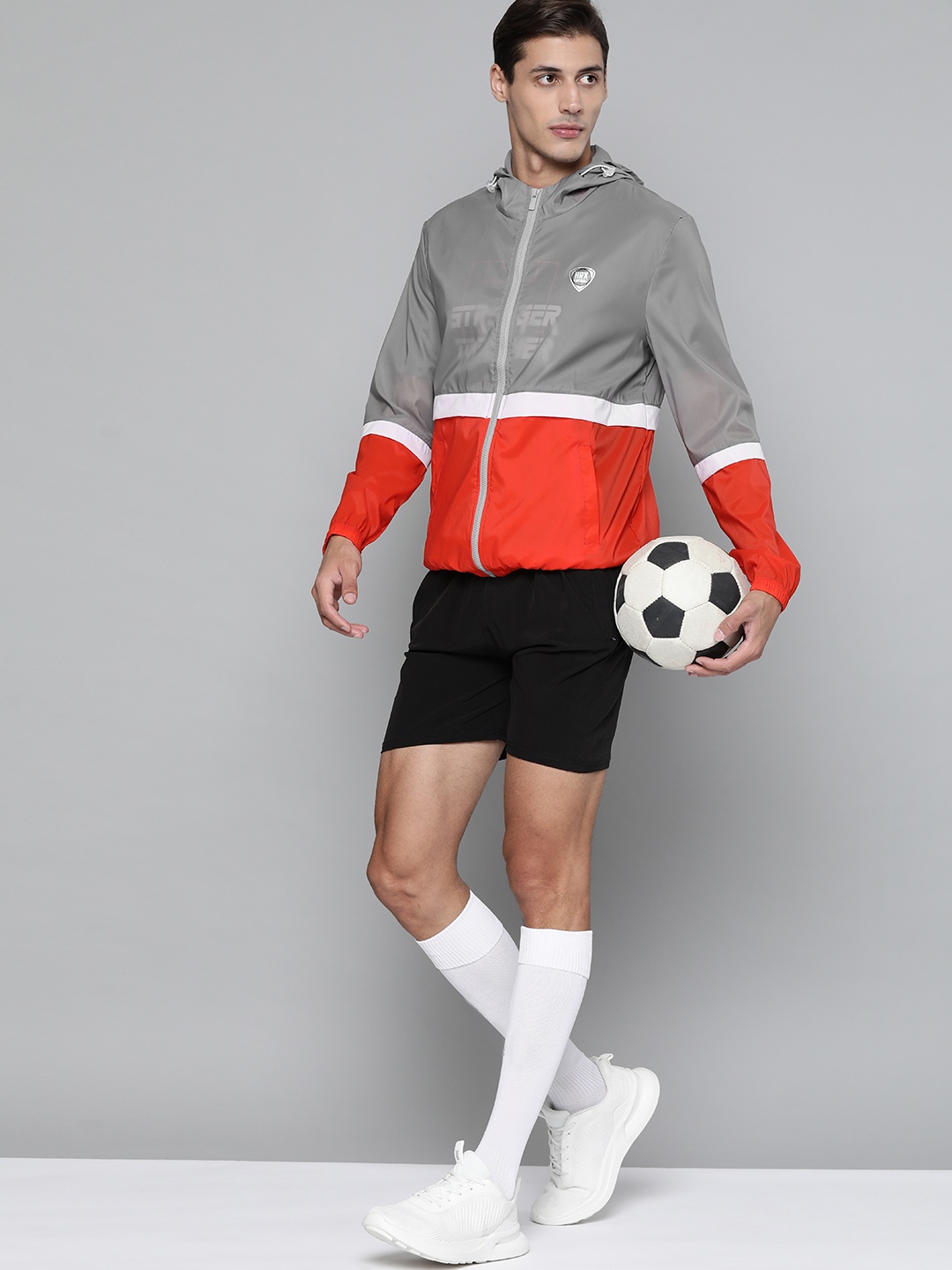 

HRX By Hrithik Roshan Grey & Red Football Men Wet Weather Rapid-Dry Solid Jacket