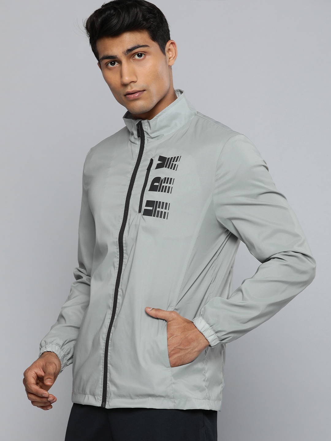 

HRX by Hrithik Roshan Running Men Grey Light Weight Brand Logo Printed Sporty Jacket