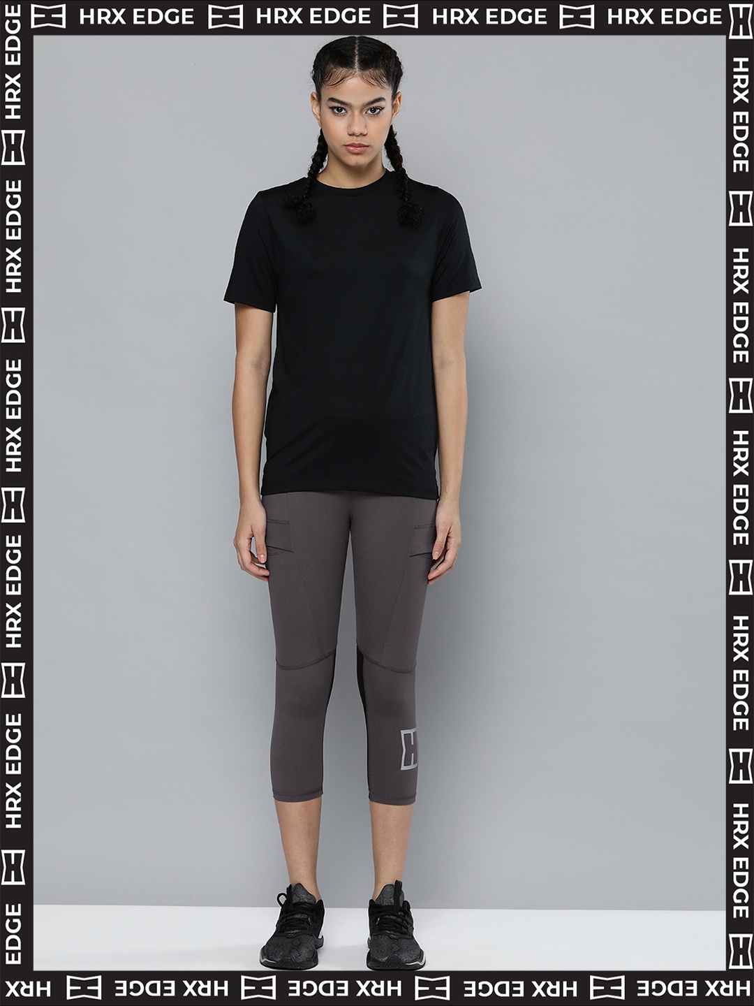 

HRX By Hrithik Roshan EDGE Lifestyle Women Anthracite Rapid-Dry colourblock Tights, Charcoal