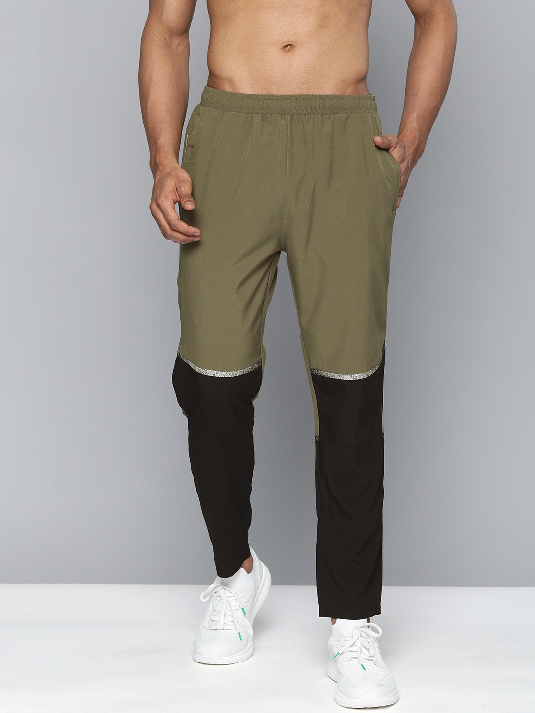 

HRX By Hrithik Roshan Running Men Olive Green Rapid-Dry Colourblock Track Pants