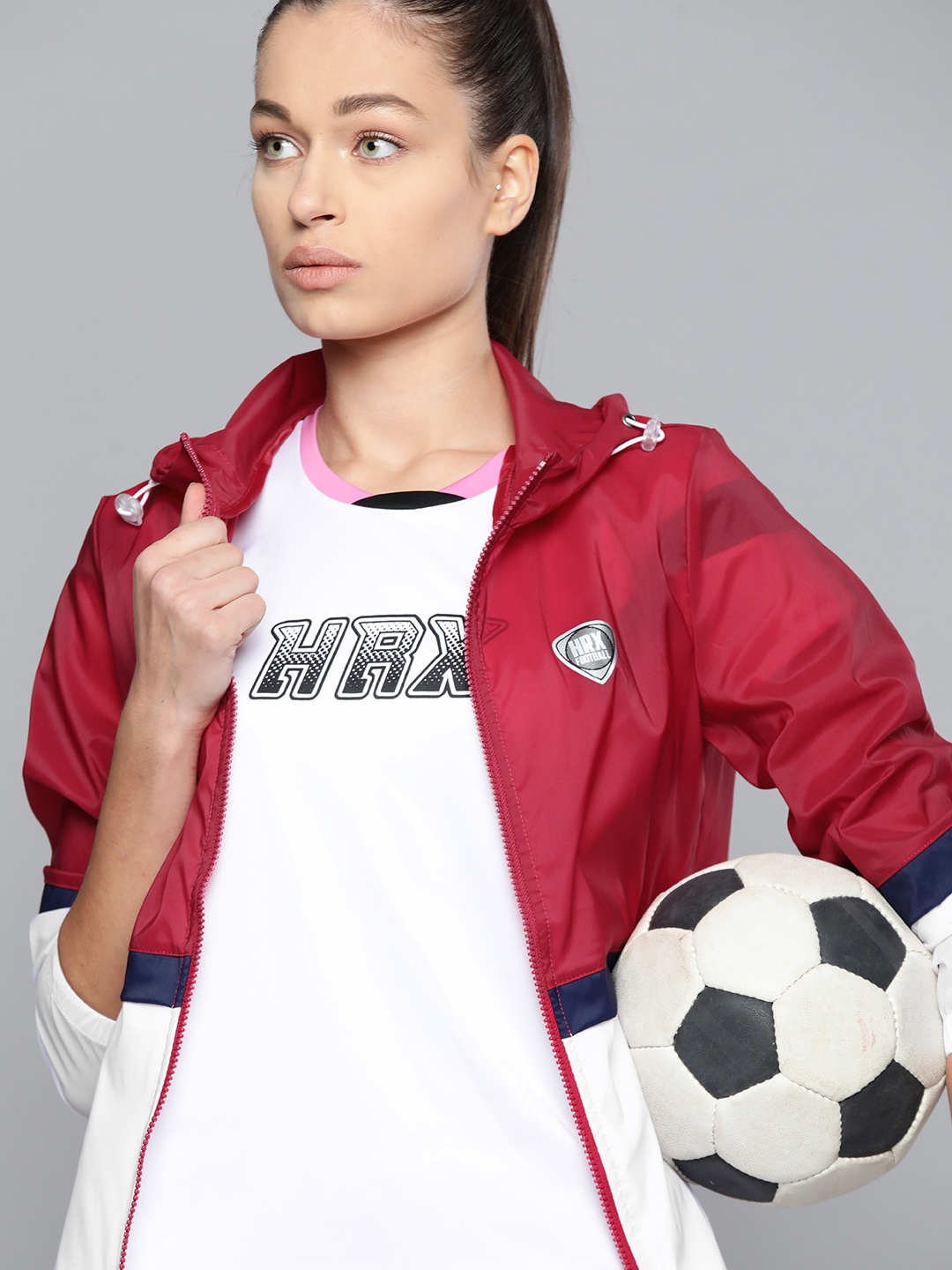

HRX by Hrithik Roshan Women Red White Colourblocked Sporty Football Jacket