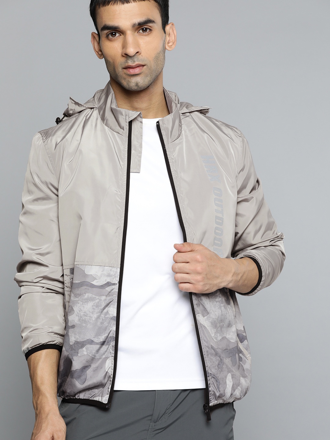 

HRX By Hrithik Roshan Outdoor Men Wet Weather Rapid-Dry Camouflage Jacket, Grey