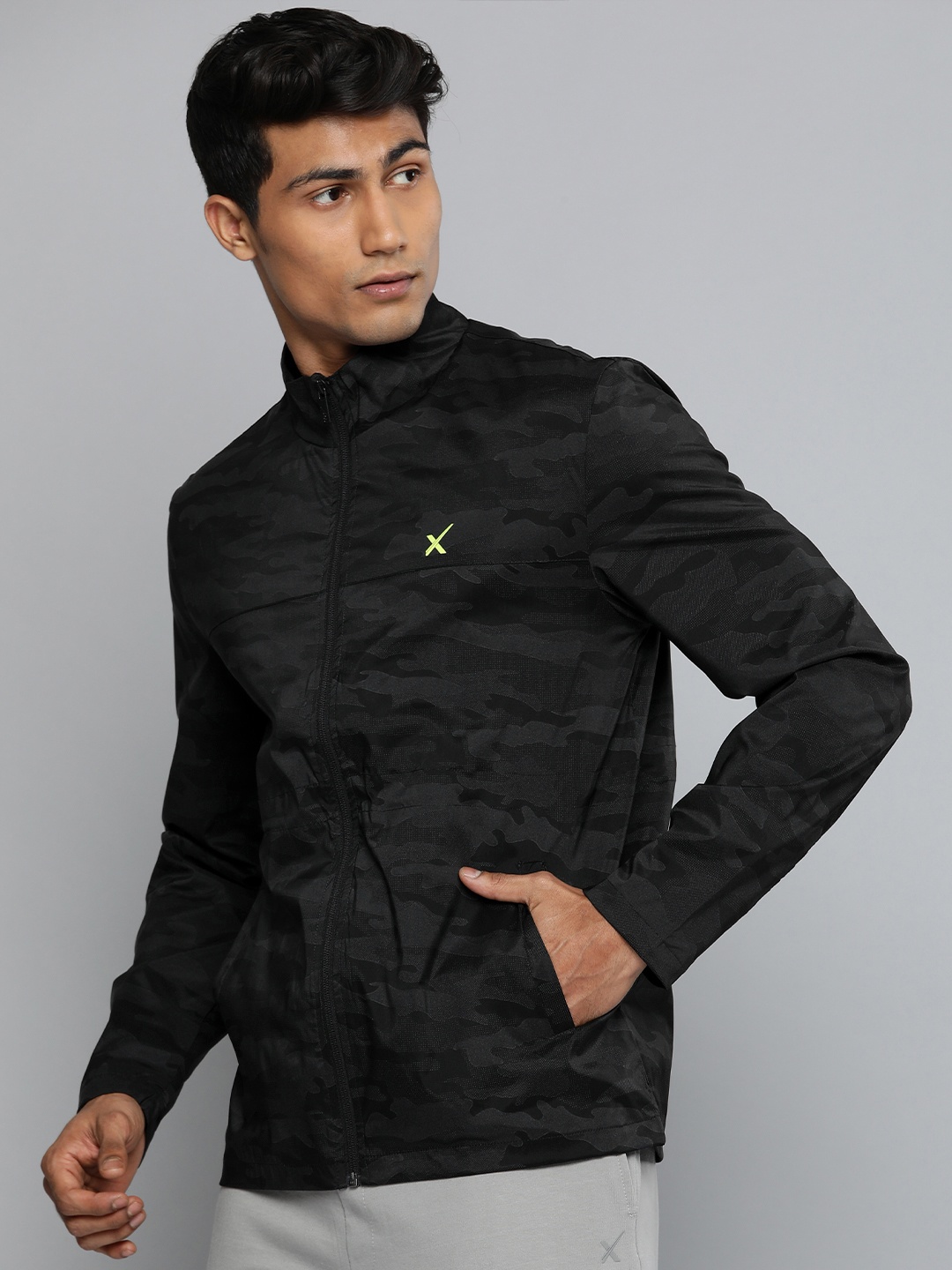 

HRX by Hrithik Roshan Running Men Black Camouflage Light Weight AOP Sporty Jacket