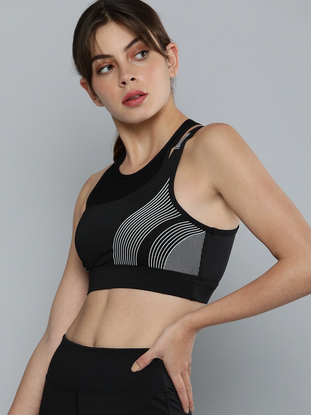 

HRX By Hrithik Roshan Running Women Black Rapid-Dry Geometric Print Sports Bra