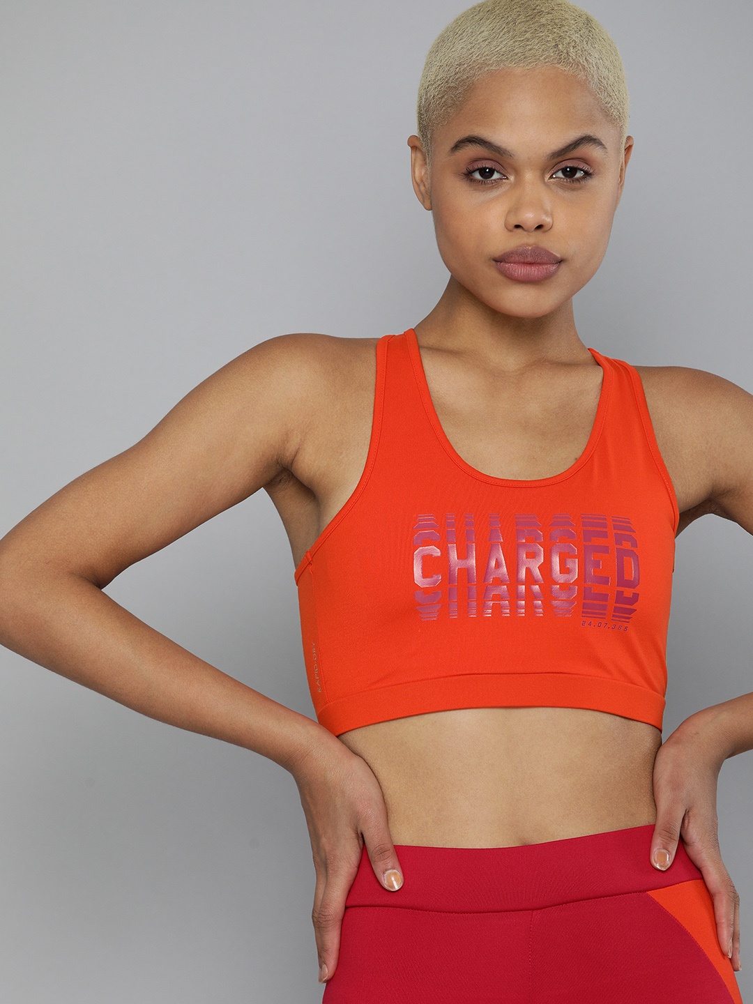 

HRX By Hrithik Roshan Training Women Oxyfire Rapid-Dry Typography Sports Bra, Orange