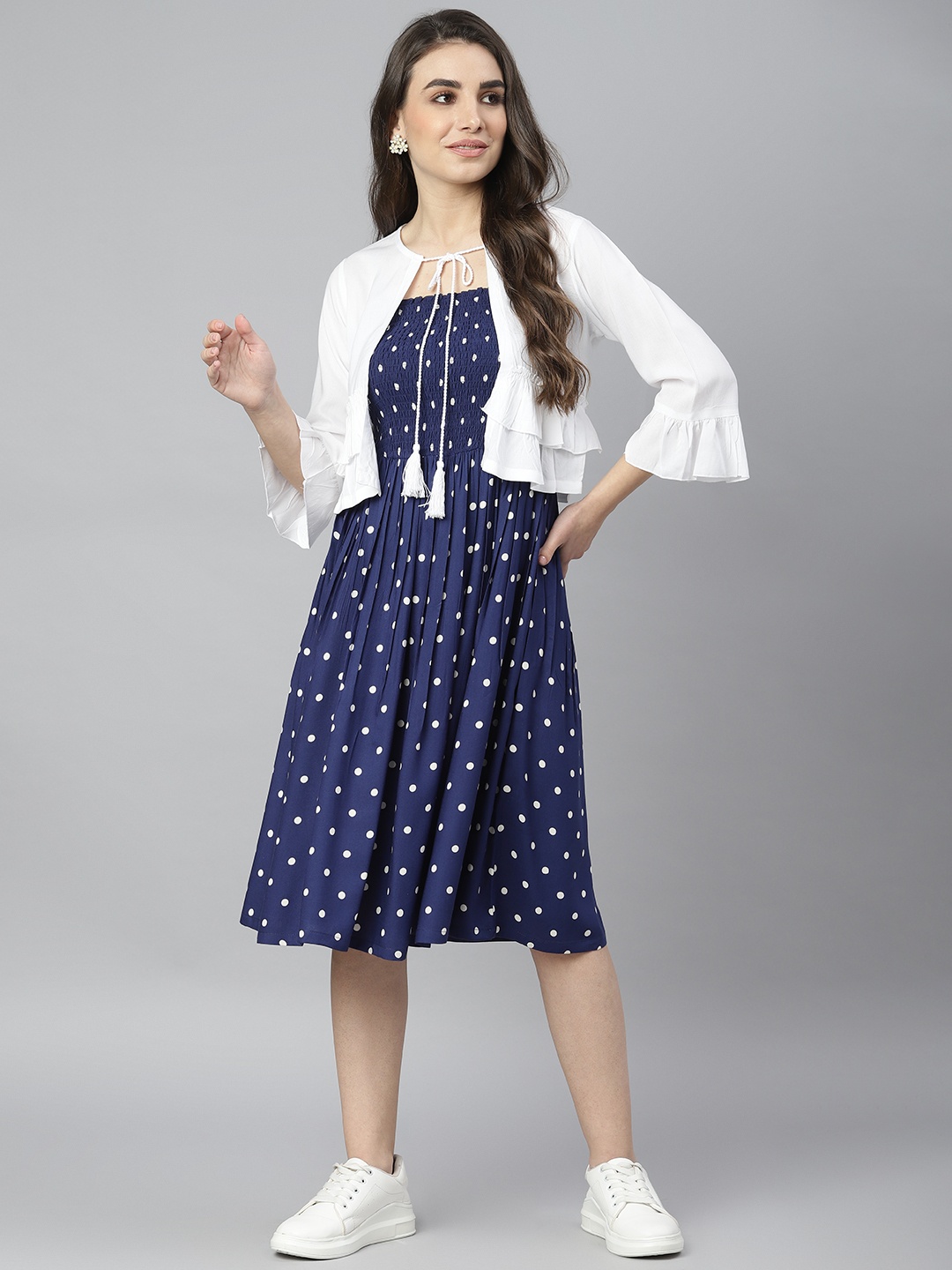 

DEEBACO Blue Polka Dress With-Ruffled Shrug