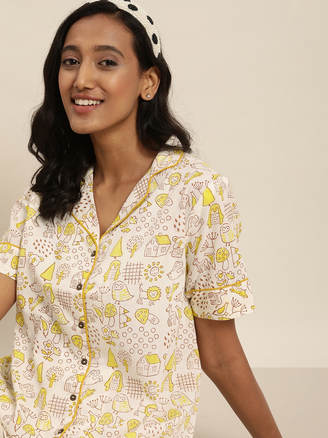 

Taavi Women Off White & Yellow Pure Cotton Hand Block Print Legacy Lounge Top