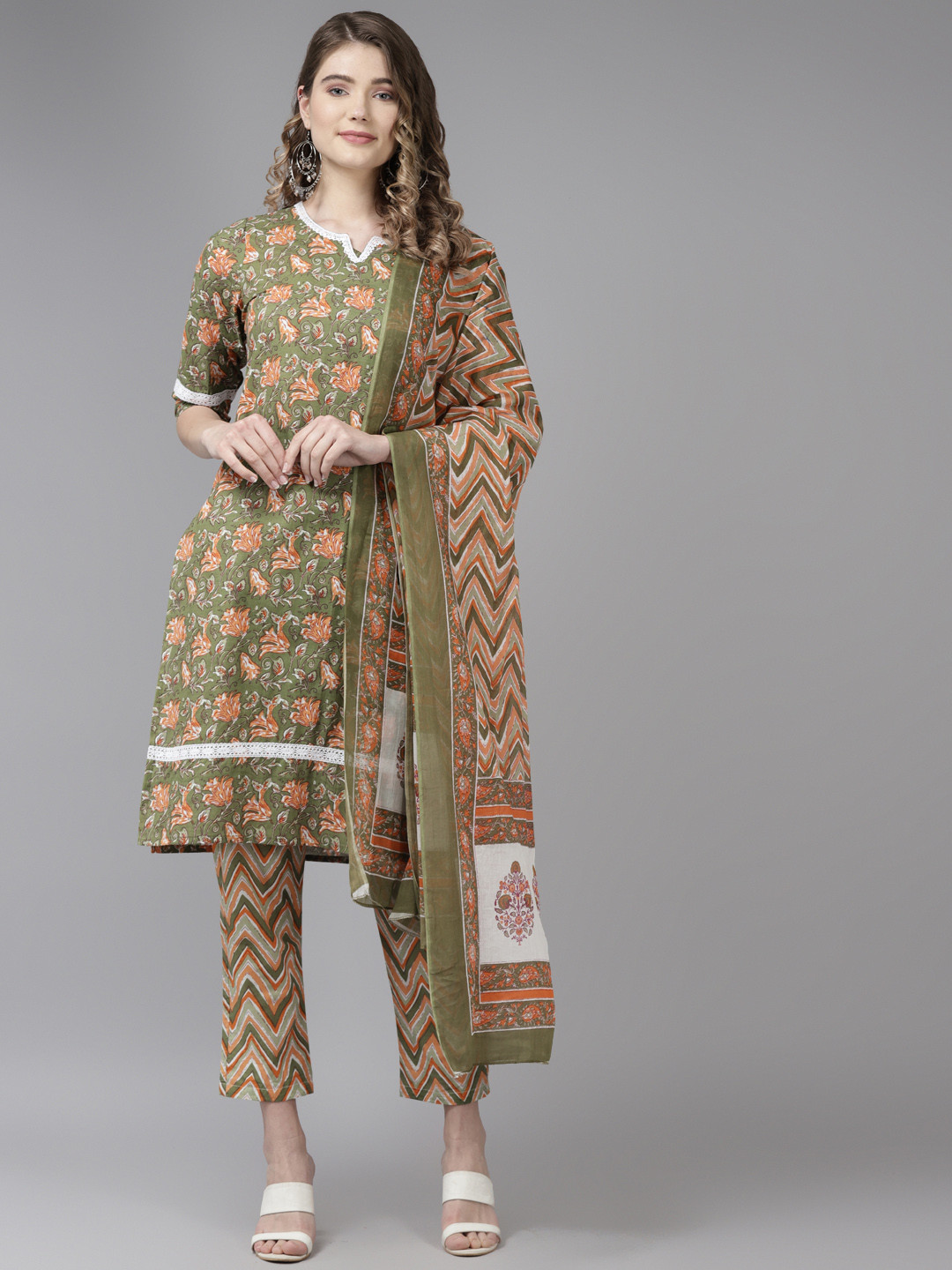 

ANAISA Women Green & Orange Pure Cotton Floral Print Kurta with Trousers & With Dupatta