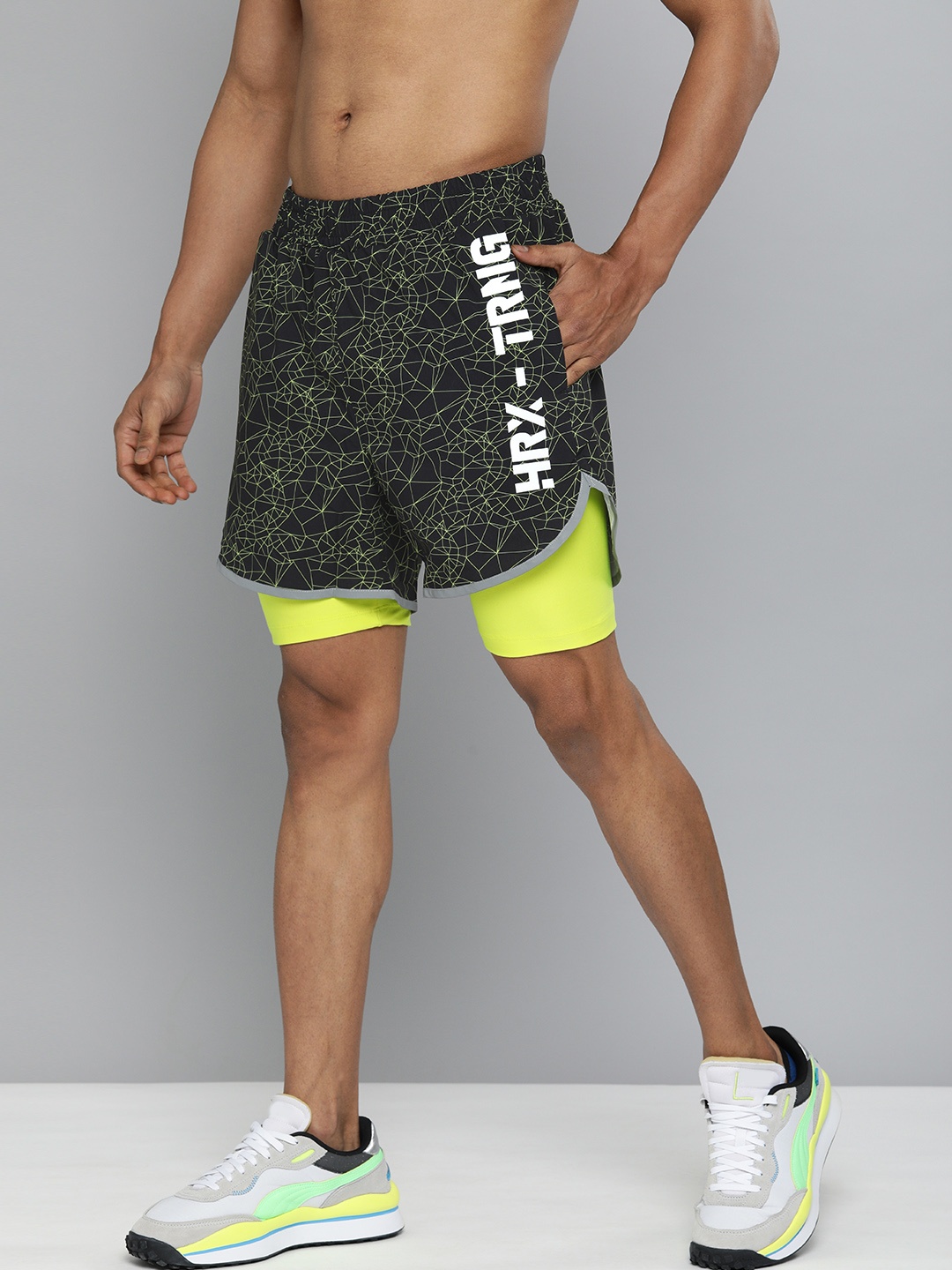 

HRX by Hrithik Roshan Men Black & Yellow Printed Training Sports Shorts