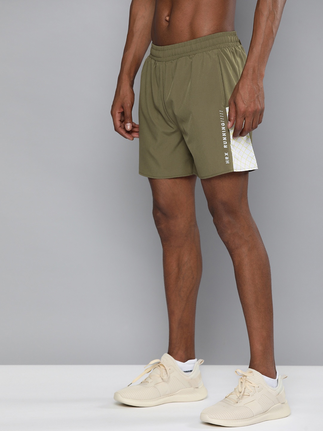 

HRX By Hrithik Roshan Running Men Burnt Olive& White Rapid-Dry Colourblock Shorts