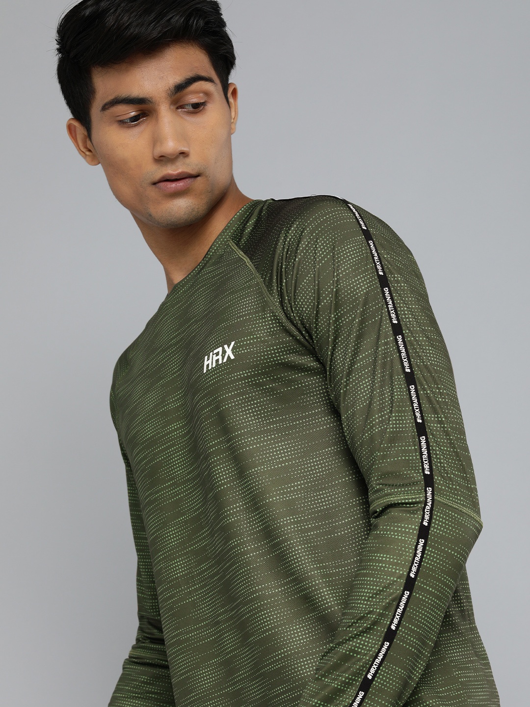 

HRX By Hrithik Roshan Men Kombu Green Printed Seamless AOP Training T-shirt, Olive